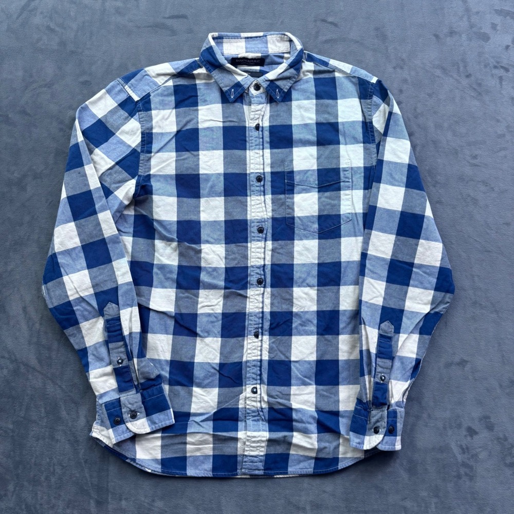 Banana Republic Luxe Flannel Shirt Mens Medium Blue White Buffalo Check Slim Fit